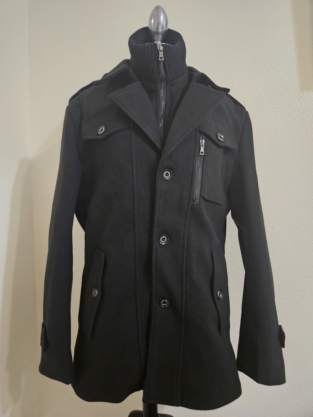 Men's Black Wool Blend Pea Coat with Ribbed Zip Collar